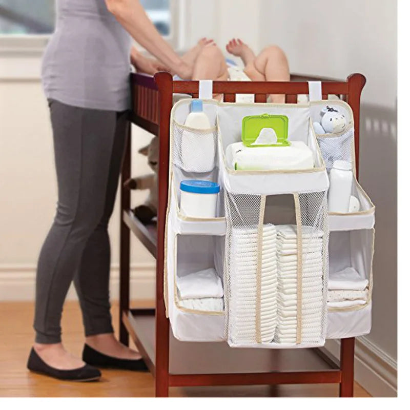 Gray Oxford Baby Bedside Hanging Organizer – Diaper & Toy Storage Bag with Adjustable Height