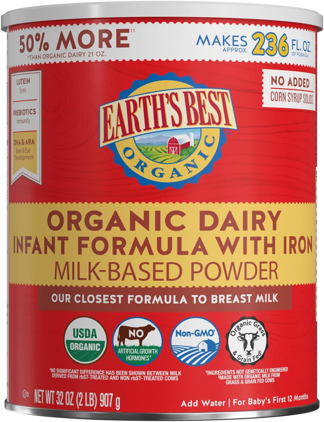 Earth's Best Organic Dairy Infant Formula – Nutrient-Rich Powder with Iron, DHA & ARA (32 Oz, 0-12 Months)