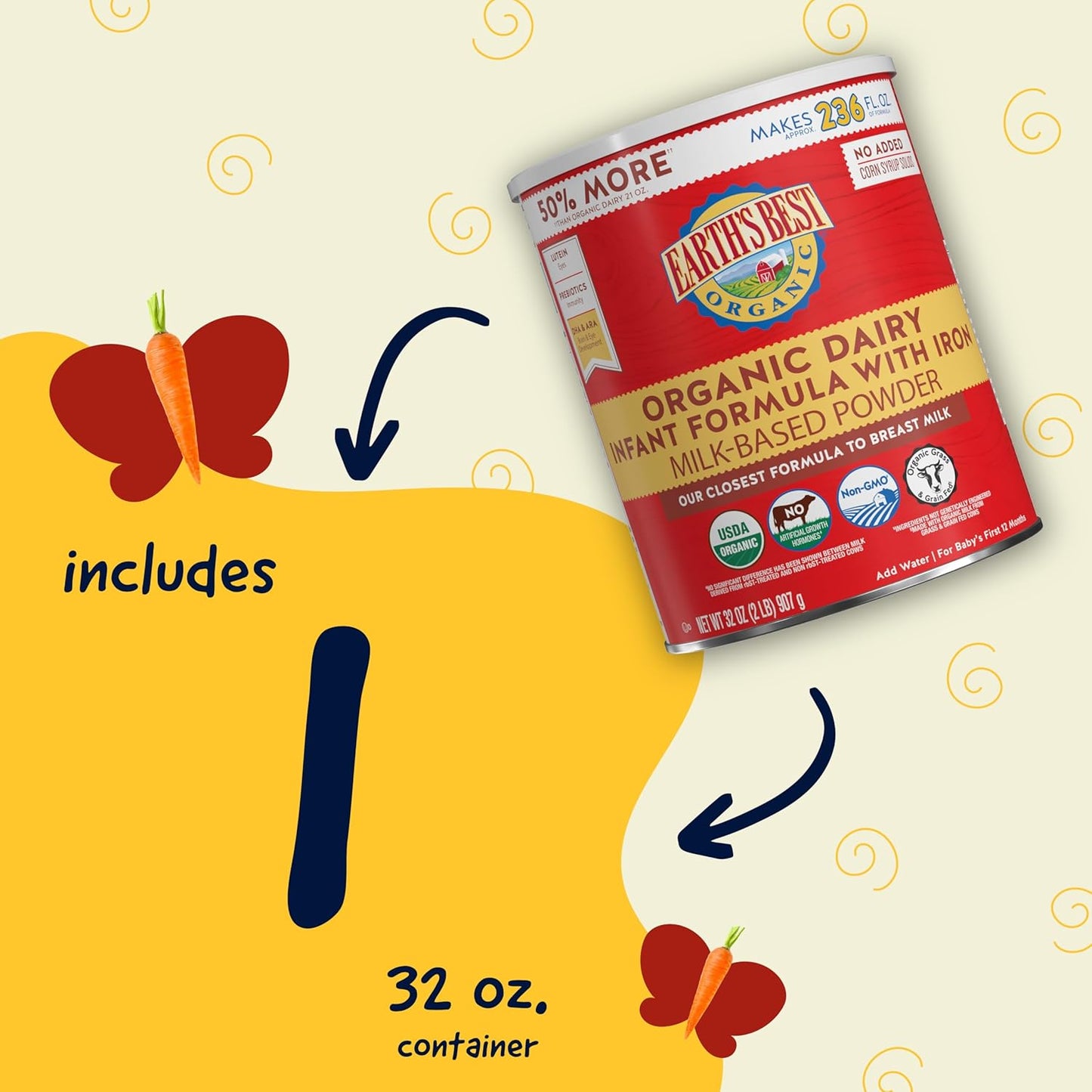 Earth's Best Organic Dairy Infant Formula – Nutrient-Rich Powder with Iron, DHA & ARA (32 Oz, 0-12 Months)