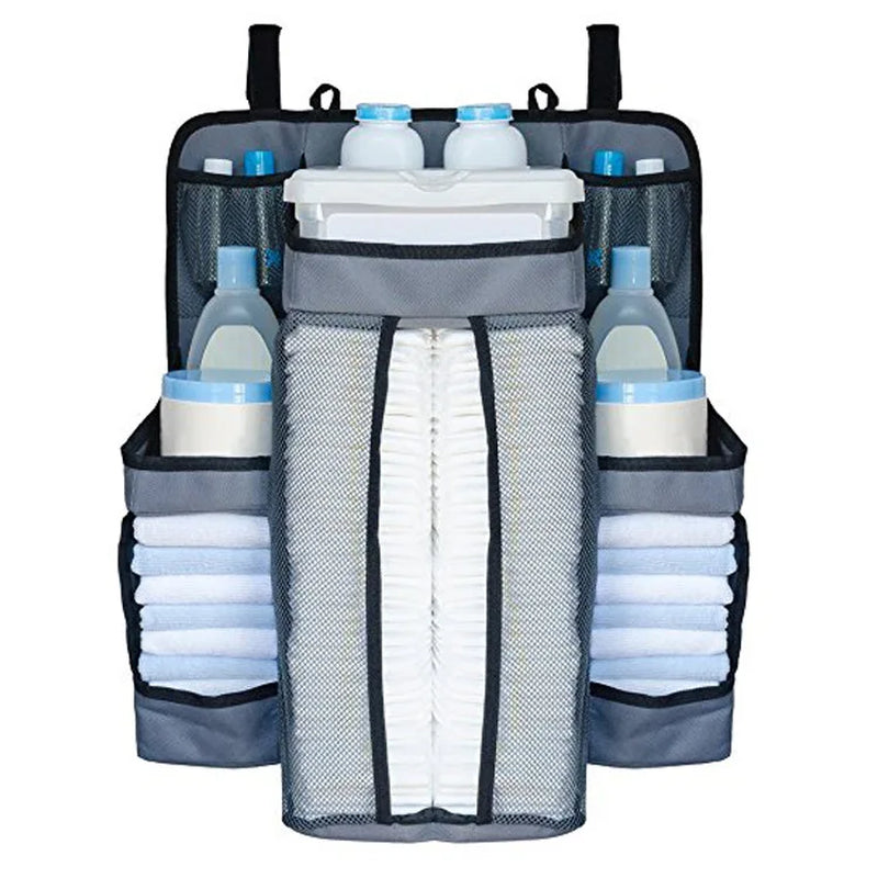 Gray Oxford Baby Bedside Hanging Organizer – Diaper & Toy Storage Bag with Adjustable Height