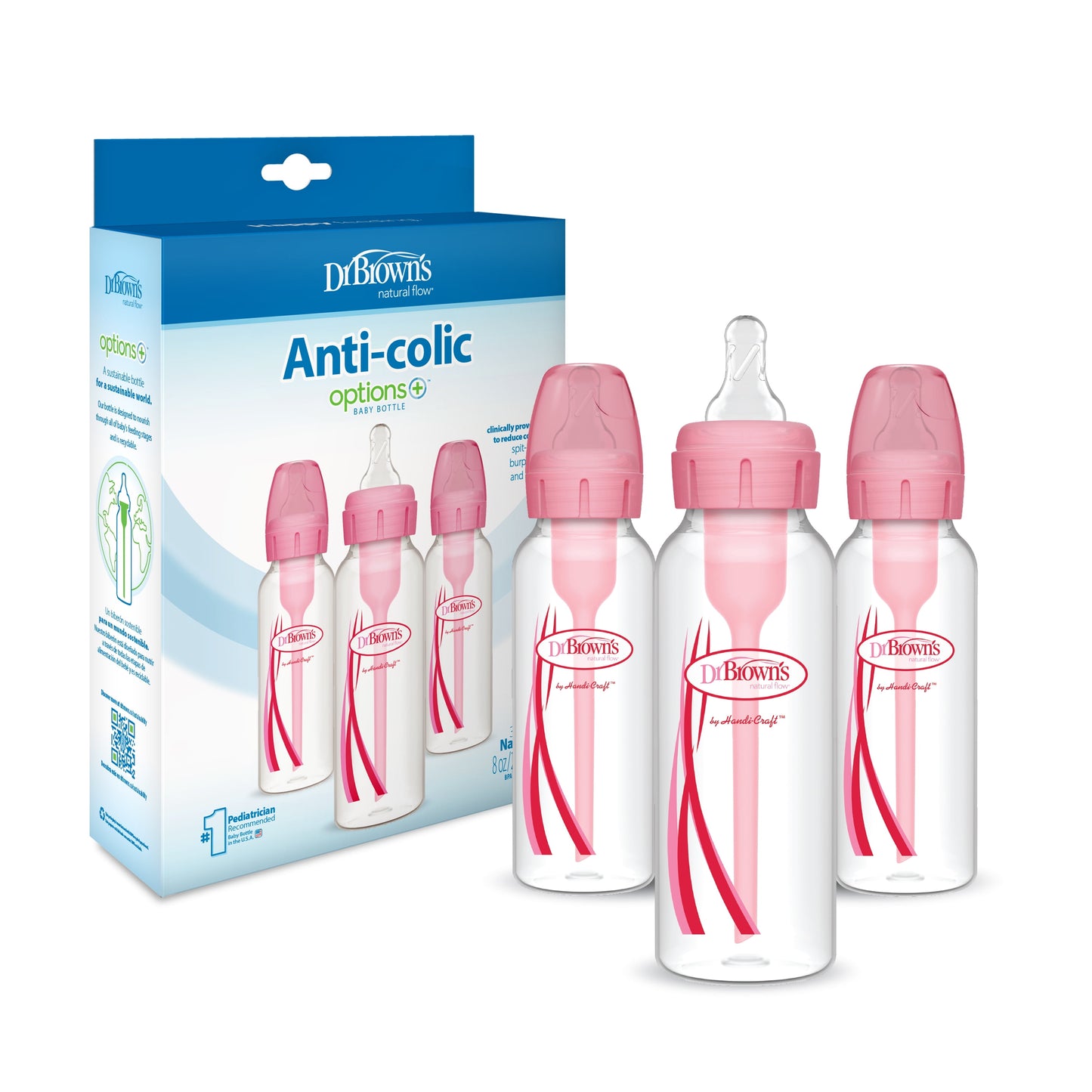 Dr. Brown's Natural Flow Anti-Colic Baby Bottles - Pink, 8oz, Slow Flow, 0M+, 3-Pack
