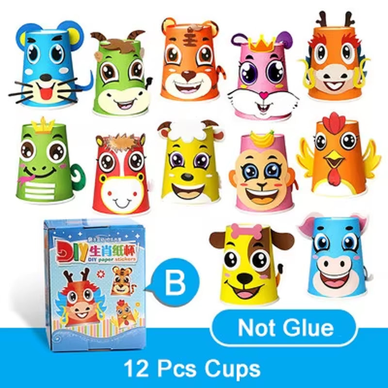 12Pcs Children 3D DIY Handmade Paper Cups Sticker Material Kit Whole Set Kids Kindergarten School Art Craft Educational Toys GYH
