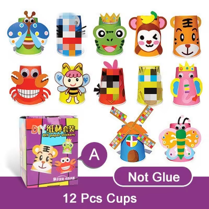 12Pcs Children 3D DIY Handmade Paper Cups Sticker Material Kit Whole Set Kids Kindergarten School Art Craft Educational Toys GYH