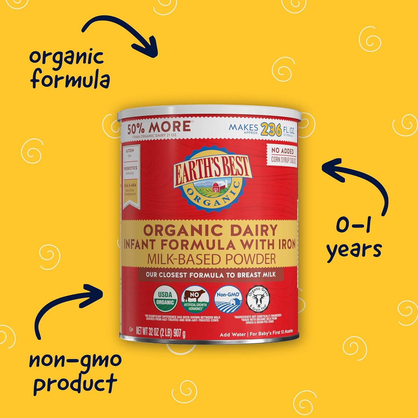 Earth's Best Organic Dairy Infant Formula – Nutrient-Rich Powder with Iron, DHA & ARA (32 Oz, 0-12 Months)
