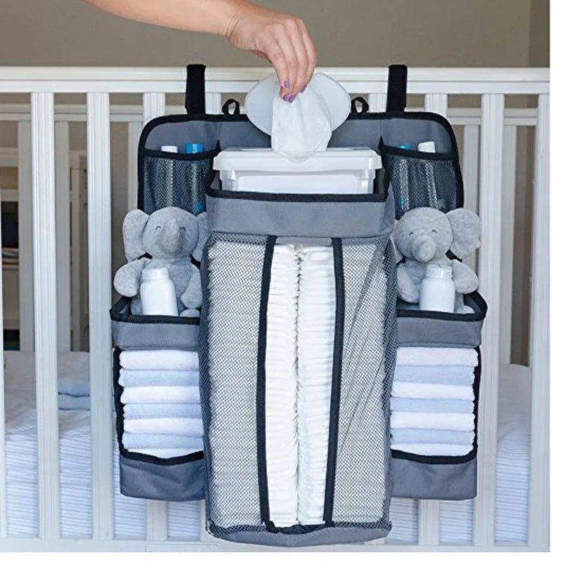 Gray Oxford Baby Bedside Hanging Organizer – Diaper & Toy Storage Bag with Adjustable Height