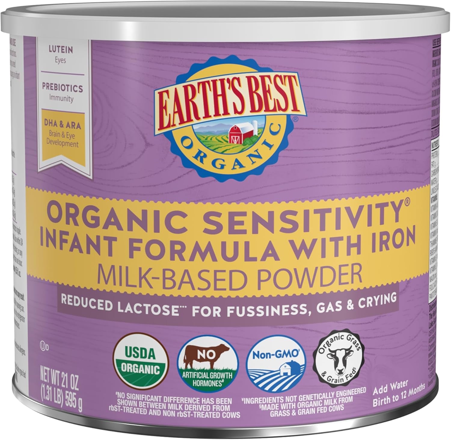 Organic Sensitivity Infant Formula – Reduced Lactose Powder with Iron, DHA & ARA (21 oz, 0-12 Months)