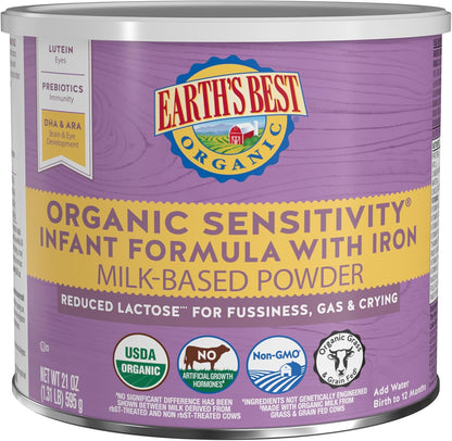 Organic Sensitivity Infant Formula – Reduced Lactose Powder with Iron, DHA & ARA (21 oz, 0-12 Months)