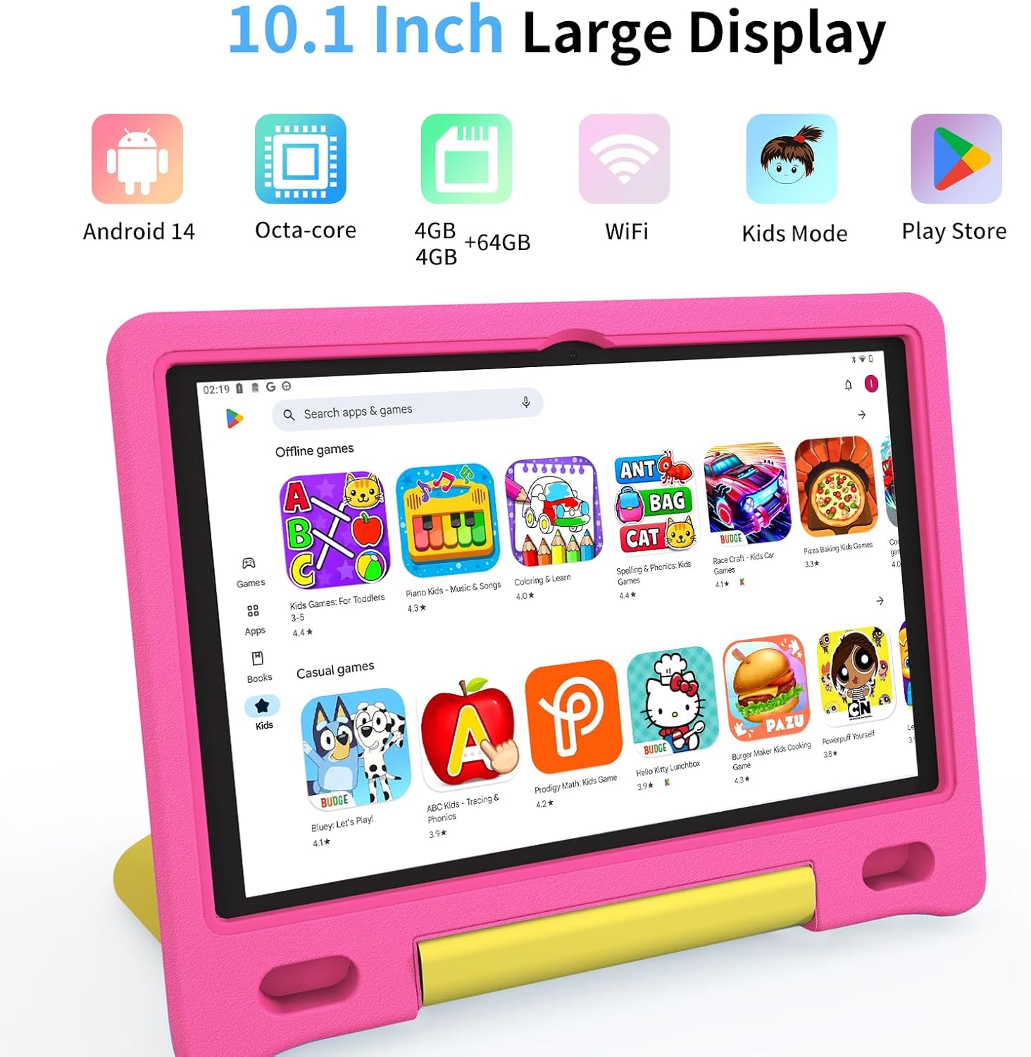 10.1-Inch Kids Tablet – Android 14, 64GB, HD Display, Parental Controls, and Shockproof Case (Ages 3-12)"