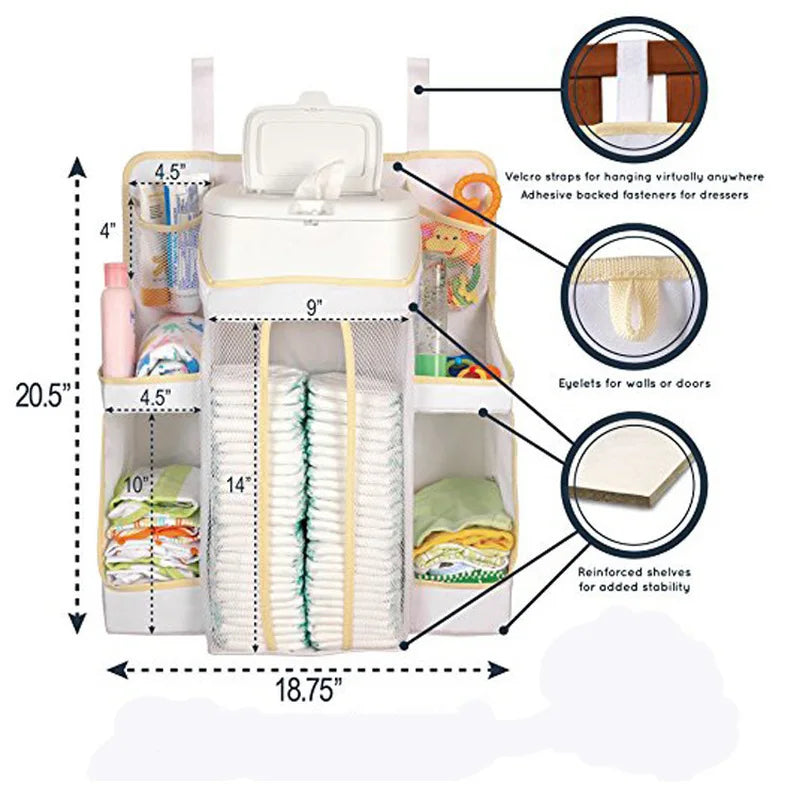 Gray Oxford Baby Bedside Hanging Organizer – Diaper & Toy Storage Bag with Adjustable Height