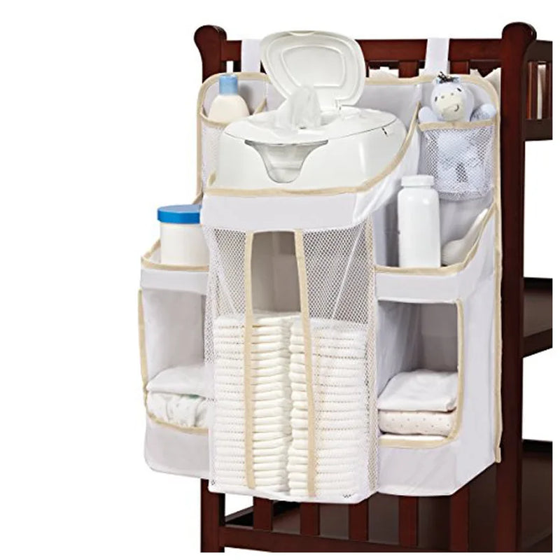 Gray Oxford Baby Bedside Hanging Organizer – Diaper & Toy Storage Bag with Adjustable Height