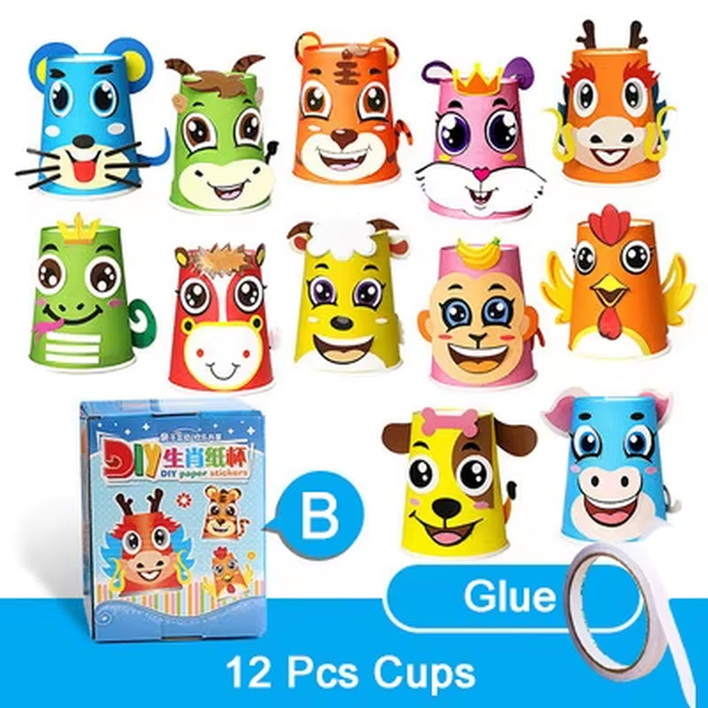 12Pcs Children 3D DIY Handmade Paper Cups Sticker Material Kit Whole Set Kids Kindergarten School Art Craft Educational Toys GYH