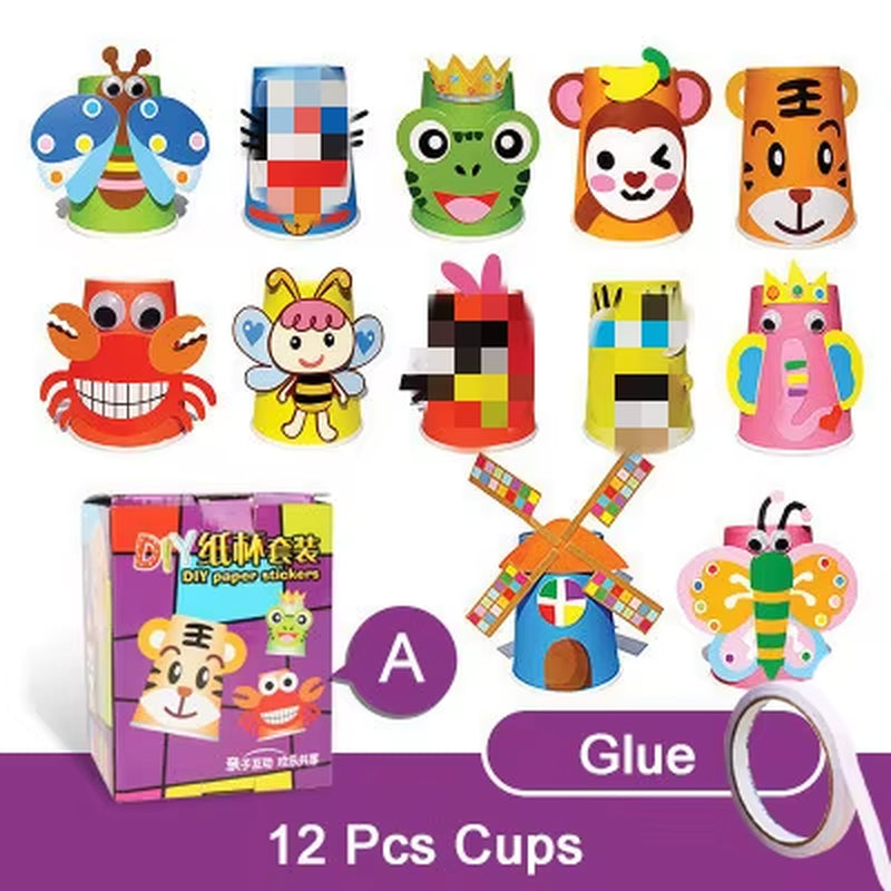 12Pcs Children 3D DIY Handmade Paper Cups Sticker Material Kit Whole Set Kids Kindergarten School Art Craft Educational Toys GYH