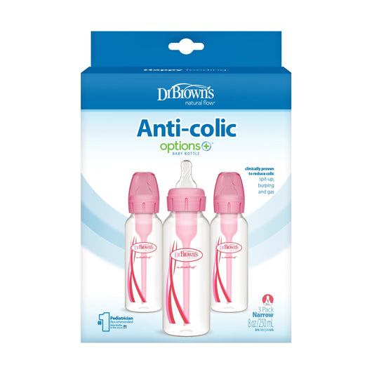 Dr. Brown's Natural Flow Anti-Colic Baby Bottles – Pink, 8oz, Slow Flow, 0M+, 3-Pack