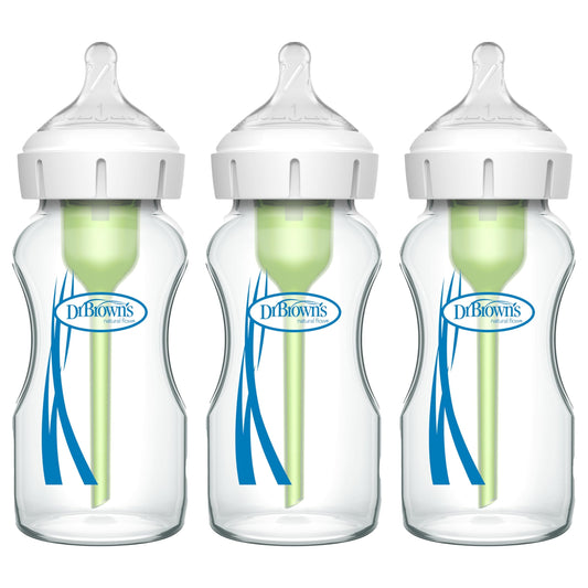 Natural Flow Anti-Colic Options+ Wide-Neck Glass Baby Bottles 9 Oz/270 Ml, with Level 1 Slow Flow Nipple, 3 Pack, 0M+ C24