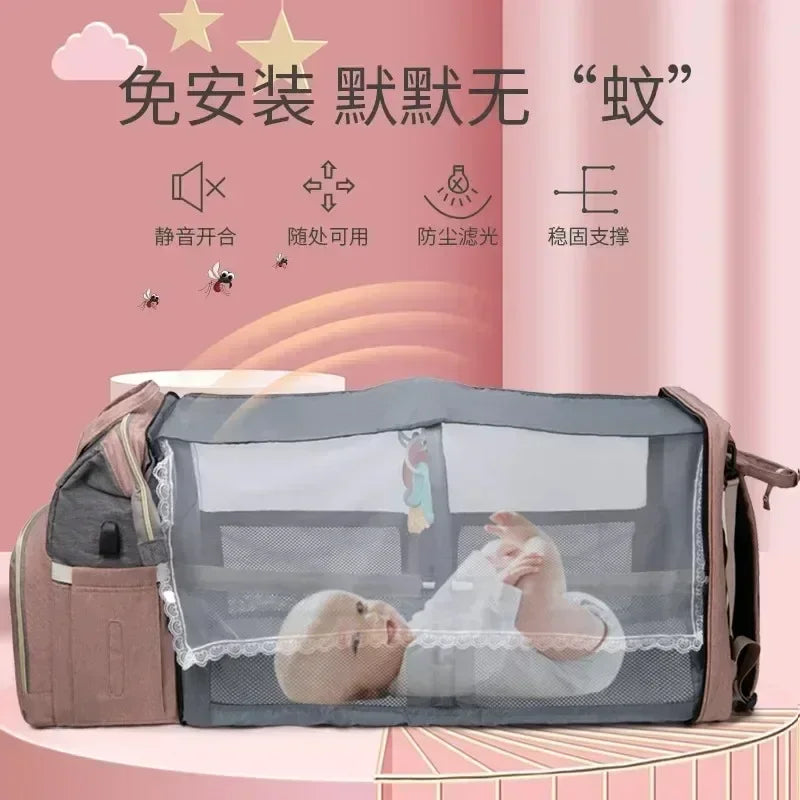 Lightweight Mommy Bag with Portable Folding Crib – Large-Capacity Travel Backpack for Moms