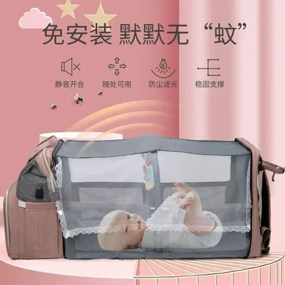 Lightweight Mommy Bag with Portable Folding Crib – Large-Capacity Travel Backpack for Moms