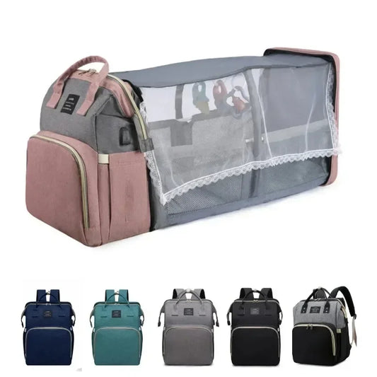 Lightweight Mommy Bag with Portable Folding Crib – Large-Capacity Travel Backpack for Moms