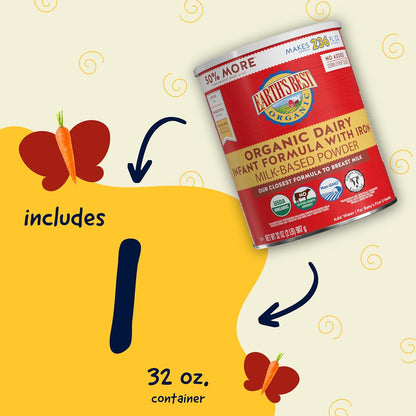 Earth's Best Organic Dairy Infant Formula – Nutrient-Rich Powder with Iron, DHA & ARA (32 Oz, 0-12 Months)
