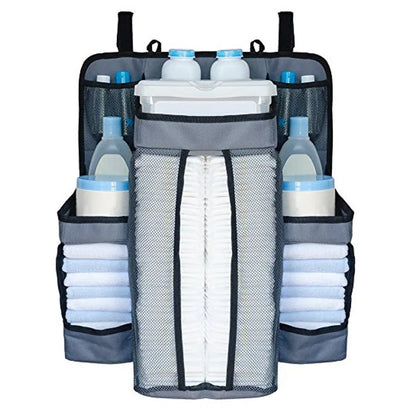 Gray Oxford Baby Bedside Hanging Organizer – Diaper & Toy Storage Bag with Adjustable Height